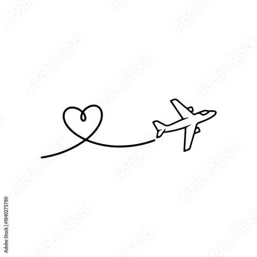 Minimalist outline drawing of an airplane flying a romantic heart-shaped flight path, symbolizing love, travel, journey, and adventure concept isolated on transparent background