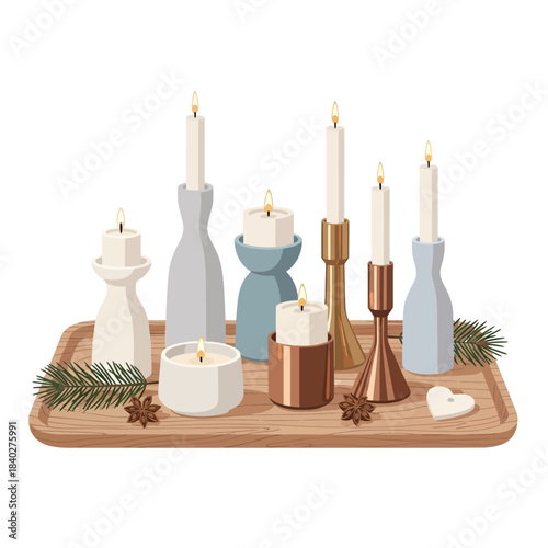Festive Christmas Candle Decor with Advent Candles and Pine Branches on a Wooden Tray