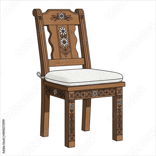 Elegant wooden chair with intricate carved floral design and cushioned seat perfect for classic
