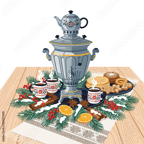 Festive holiday tea set with cookies and citrus fruits displayed on a wooden table with Christmas