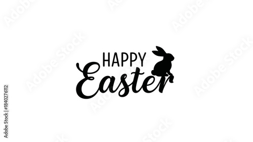 Happy easter greeting with a cute black silhouette of a bunny rabbit on a white background