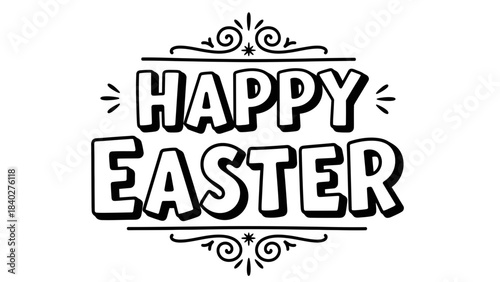 Happy easter hand lettered text with decorative flourishes and swirls on a white background