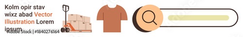 E-commerce, online shopping, logistics, retail business, search tools, product discovery. Packaging boxes on a hand truck, a T-shirt design a search bar icon. E-commerce and online shopping concept