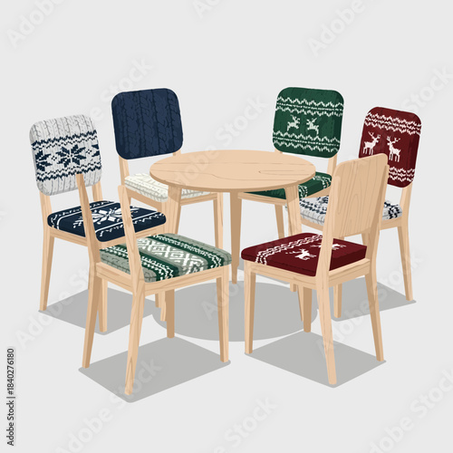 Modern dining set with stylish padded chairs featuring festive knit patterns arranged around a