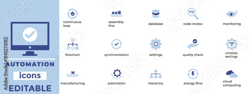 Automation Icons Technology Process Workflow Computer System Set