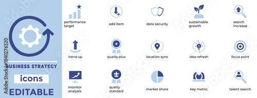 Business Strategy Icons Growth Planning Analysis Marketing Performance Set