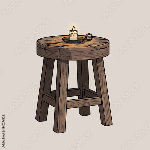 Simple wooden stool with a lit candle placed on top for cozy lighting and ambiance