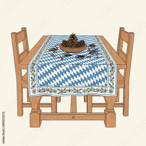 Traditional Bavarian Table with Blue and White Checkered Tablecloth and decorative centerpiece for