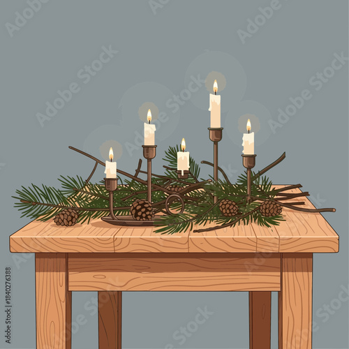 Traditional wooden advent candle holder with lit candles and festive pine branches for Christmas