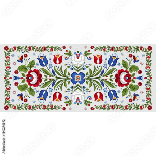Vibrant floral folk art pattern featuring traditional red, blue, and green motifs on a white
