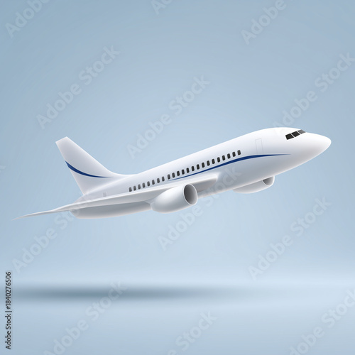sleek minimal airline airplane icon, white fuselage with subtle blue accents, modern clean geometric shapes, slightly stylized proportions, professional corporate aesthetic, smooth