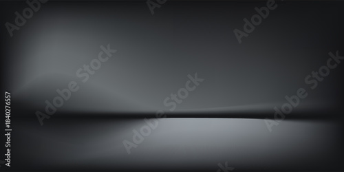Black studio room. Limbo dark grey spotlight background. Abstract 3d backdrop for product presentation. Minimal wall scene. Showcase, promotion display. Vector stage mockup illustration