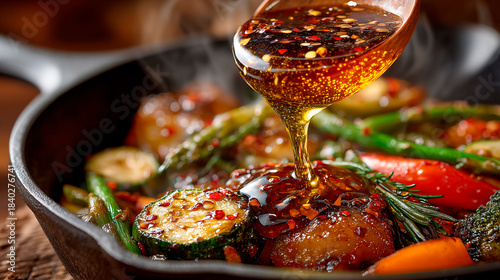 A spoon drizzles spicy honey over a skillet of sautéed vegetables. The honey has a glossy amber glow and is sprinkled with chili flakes.