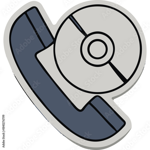 Stylized illustration of a dark blue handset with a silver CD or DVD disc superimposed on top, presented on a white background with a subtle grey outline, symbolizing communication and data storage