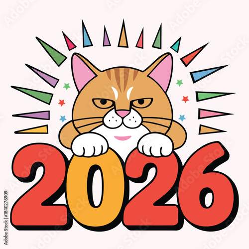 Cute grumpy cat celebrates 2026 with colorful festive decorations