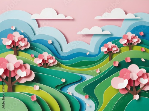 Spring landscape paper art with pink blossoms, hills, and river
