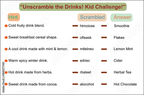 A fun educational game for kids to unscramble words related to drinks and beverages.