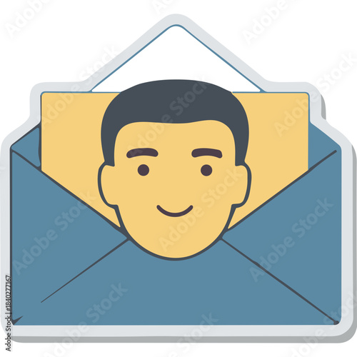Stylized Illustration of an Open Blue Envelope Revealing a Yellow Card with a Man's Face in Flat Design Style Against a White Background