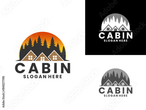 Three cabin houses with pine trees logo design vector template. Nature cabin logo design