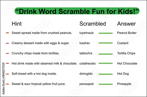 A printable word scramble game for kids featuring common drinks with scrambled letters and answers provided.