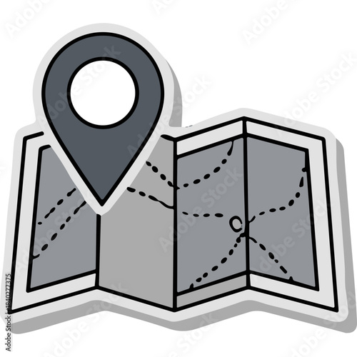 Stylized map with location pin icon symbolizing navigation and travel planning with dotted lines indicating routes on a folded paper map in grayscale with black accents and white outline