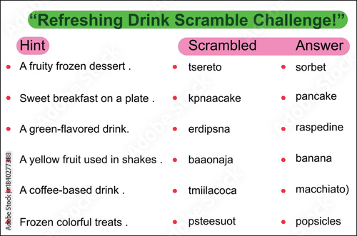 A word scramble game featuring drinks with hints, scrambled words, and answers. Perfect for a fun challenge.