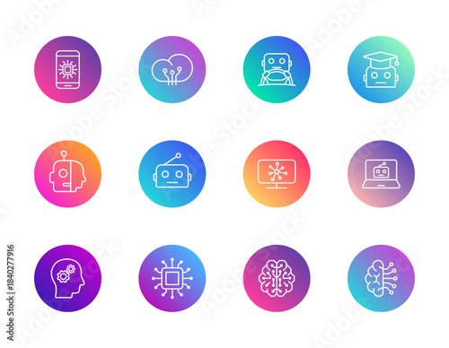 AI, robotics, mobile tech. Vector set of 12 round gradient icons featuring robots, brains, chips, and smart devices for artificial intelligence, education, and digital interface design.