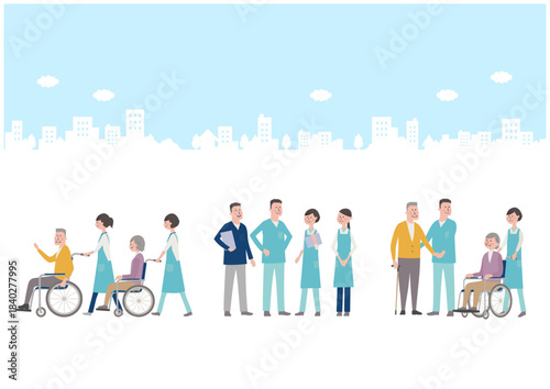 移動介助や見守りを行う介護スタッフと高齢者の福祉シーンイラストセット