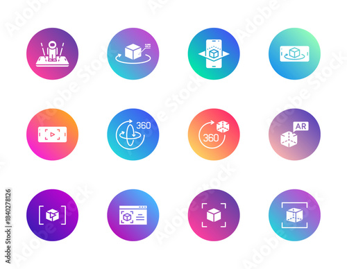 AR, 3D, augmented reality. Vector set of 12 round gradient icons featuring cubes, rotation, mobile AR, 360 view, and scanning for digital design, modeling, and interactive content.