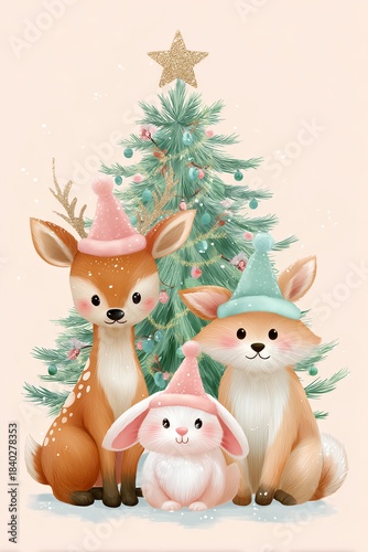 Adorable Christmas illustration featuring a kawaii deer, fox, and bunny wearing pastel winter hats, sitting with a beautifully decorated Christmas tree with ornaments and a sparkling gold star on top