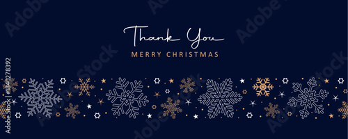 thank you christmas greeting card with seamless pattern snowflake border vector illustration