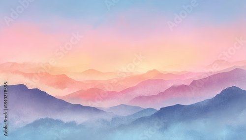 Soft pastel mountain range layers under pink and blue sky, misty foreground