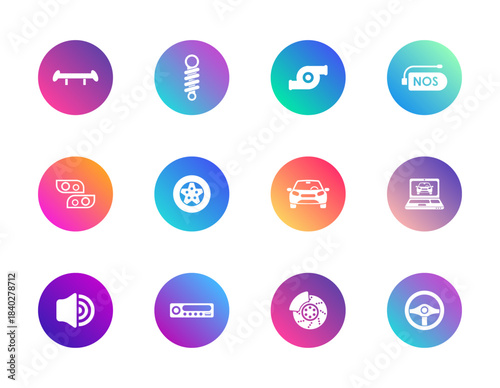 Car parts, tuning, diagnostics. Vector set of 12 round gradient icons featuring wheels, brakes, turbo, NOS, audio, and steering for automotive UI, customization, and repair apps.
