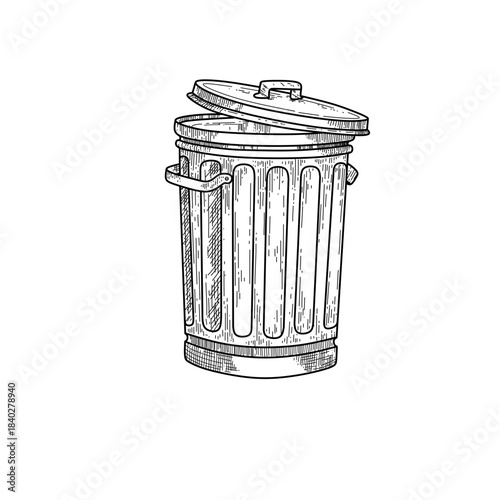 hand drawn metal garbage trash can line art vector illustration