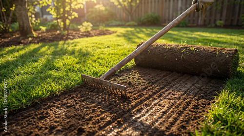 Fresh sod being installed in a sunlit garden with a metal rake preparing the soil for new green grass during early morning