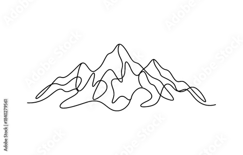 Continuous one line drawing of Mountain range landscape, adventure winter sports concept, vector illustration.