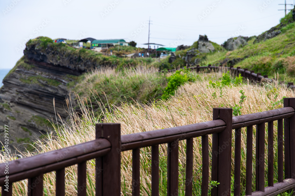 Fototapeta premium wooden railing and seaside cliff at Songaksan in Jeju Island, South Korea