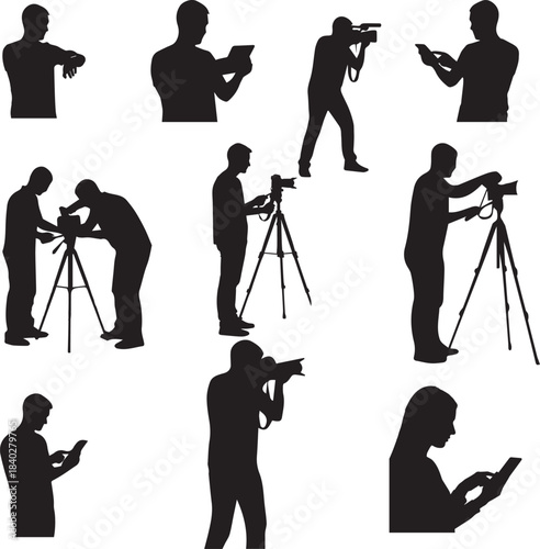 Collection of Silhouettes Capturing Moments People Using Devices and Cameras for Photography and Videography