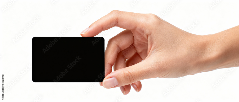 Obraz premium Woman's hand holding a blank black business card with neutral background, elegant gesture, clean template for identity design