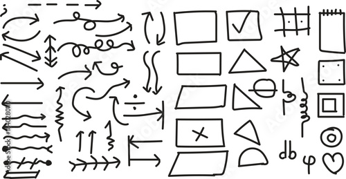 Hand-Drawn Doodle Arrows, Shapes, Symbols, and Sketch Elements Set for Notes, Infographics, and Creative Design
