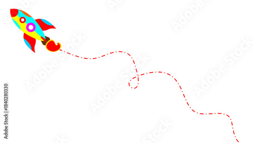 Colorful rocket with a dashed trail. Playful rocket flight path. Bright rocket doodle line. Simple cartoon rocket illustration.