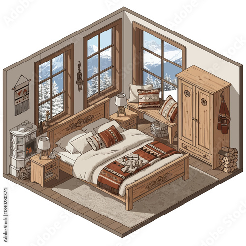 Cozy bedroom with large windows overlooking a snowy landscape and vintage furniture scene