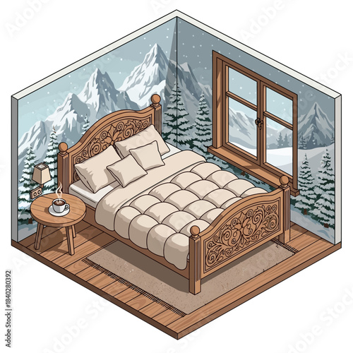 Cozy bedroom with mountain landscape mural and rustic wooden furniture design