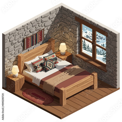 cozy rustic bedroom with stone walls and view of snow-covered trees through a window