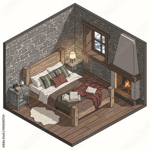 Cozy rustic bedroom with stone wall and warm fire for relaxing nights