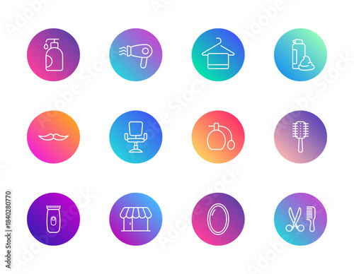 Salon, grooming, beauty. Vector set of 12 round gradient icons featuring scissors, mirror, chair, dryer, and care tools for personal hygiene, styling, and barbershop UI design.