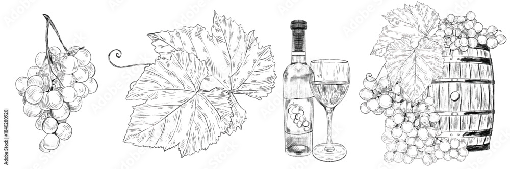 Fototapeta premium Set with wooden barrel, glass of wine and grape branch with bunches of grapes and leaves. Concept of winemaking, production and sale of wine. Graphics for wine stories, tasting, market, menu, wine lis