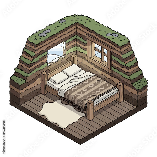 cozy underground bedroom with grass-covered roof wooden window and rustic decor