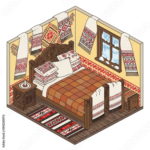 cozy traditional bedroom interior with wooden furniture and decorative textiles