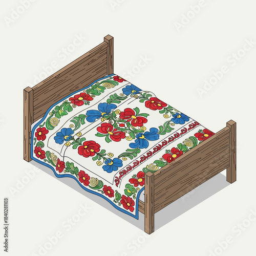 Cozy wood bed with colorful floral quilt showcasing vibrant red and blue flowers